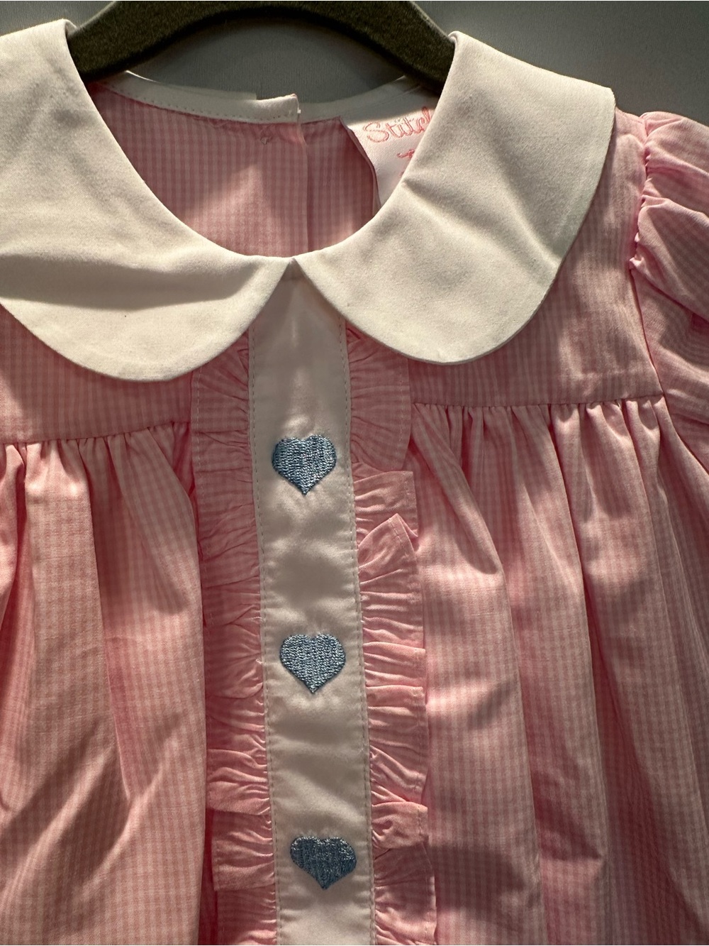 Pink Heart-Trim Cotton Kids Dress with Matching Bow. - Picture 2 of 4
